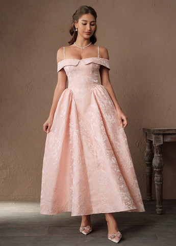 Персиковое праздничный, вечернее платье клеш, с открытыми плечами, с открытой спиной SHEIN однотонное