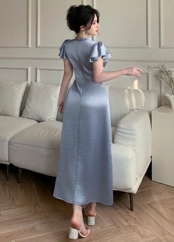 Серо-голубое праздничный, вечернее платье на запах SHEIN однотонное