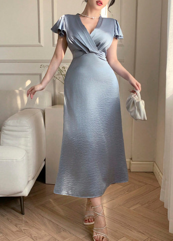 Серо-голубое праздничный, вечернее платье на запах SHEIN однотонное