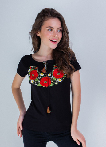 Жіноча вишита футболка Маковий цвіт чорна Melanika (250206194)