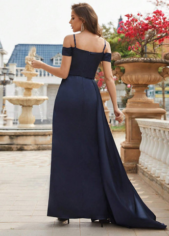 Темно-синее праздничный, вечернее платье клеш SHEIN однотонное