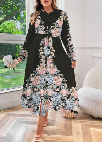 Черное кэжуал платье а-силуэт, рубашка SHEIN с цветочным принтом