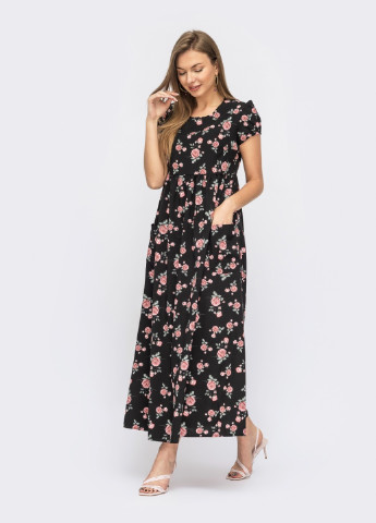 Чорна кежуал довге чорне плаття з коротким рукавом Dressa з квітковим принтом