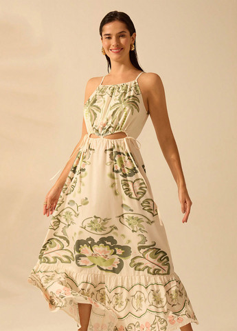 Светло-бежевое праздничный, пляжное, кэжуал платье а-силуэт SHEIN с рисунком