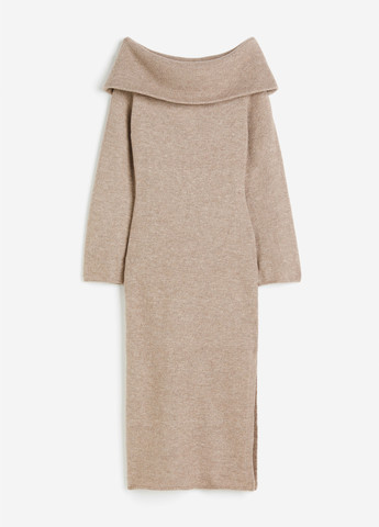 Серо-бежевое кэжуал платье силуэтная, платье-свитер, с открытыми плечами H&M меланжевое