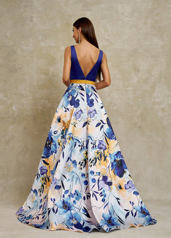 Синее вечернее платье с юбкой-солнце, с открытой спиной SHEIN с цветочным принтом