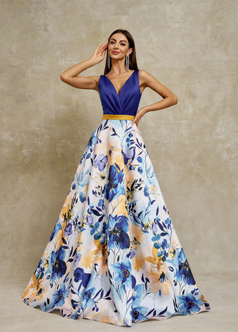 Синее вечернее платье с юбкой-солнце, с открытой спиной SHEIN с цветочным принтом