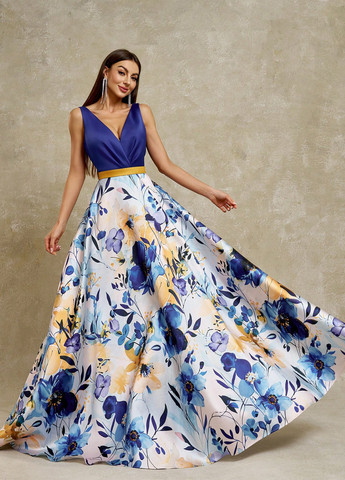 Синее вечернее платье с юбкой-солнце, с открытой спиной SHEIN с цветочным принтом