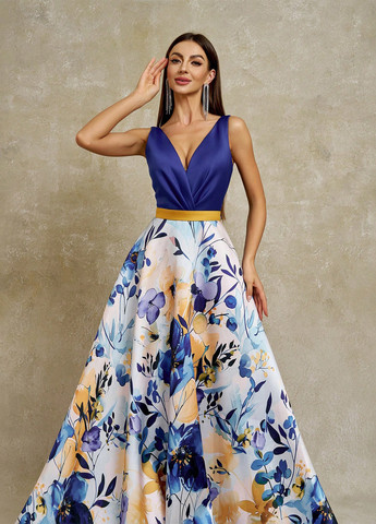 Синее вечернее платье с юбкой-солнце, с открытой спиной SHEIN с цветочным принтом