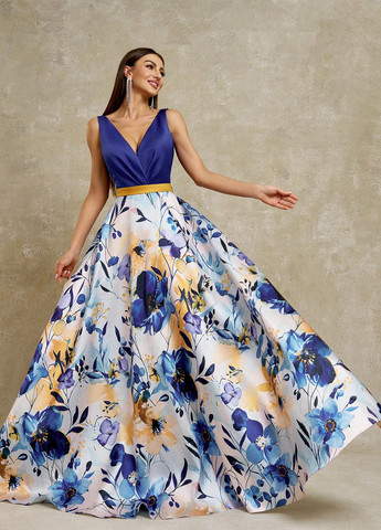 Синее вечернее платье с юбкой-солнце, с открытой спиной SHEIN с цветочным принтом