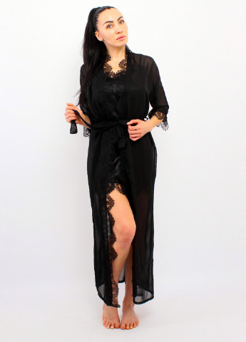 Чорний демісезонний комплект (нічна сорочка, халат) Ghazel