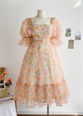 Персиковое кэжуал платье а-силуэт SHEIN с цветочным принтом