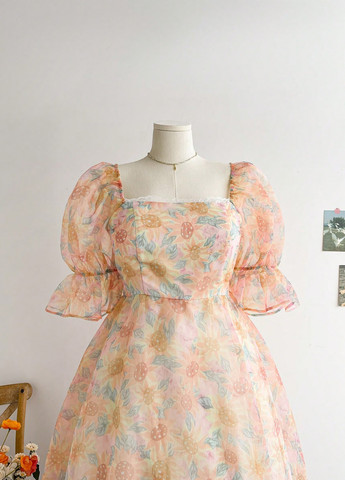 Персиковое кэжуал платье а-силуэт SHEIN с цветочным принтом