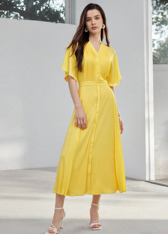 Желтое кэжуал платье рубашка SHEIN однотонное
