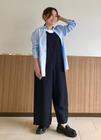 Комбинезон Uniqlo комбинезон-брюки однотонный чёрный кэжуал лен, вискоза