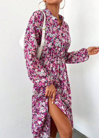 Розовое кэжуал, праздничный платье а-силуэт, рубашка SHEIN с цветочным принтом