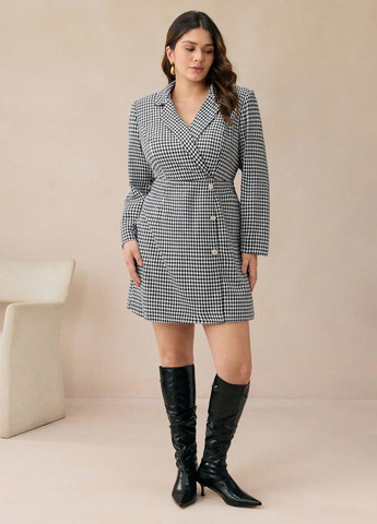 Черно-белое кэжуал, деловое платье платье-жакет SHEIN с узором пье-де-пуль «гусиная лапка»