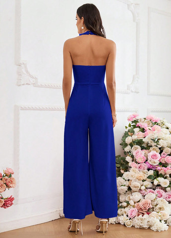 Комбинезон SHEIN комбинезон-брюки однотонный синий коктейльный полиэстер