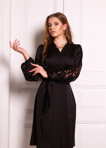 Чорна коктейльна шелкова сукня на запах "eve" на запах InRed однотонна