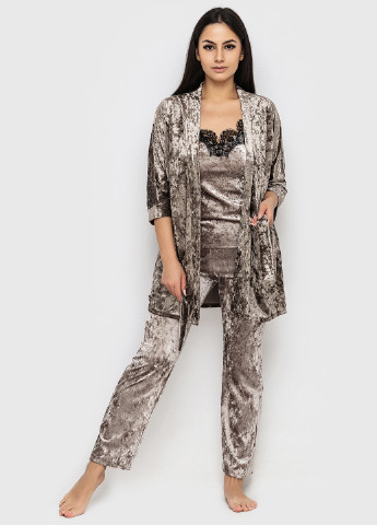 Серо-бежевый демисезонный комплект (майка, брюки, халат) Ghazel