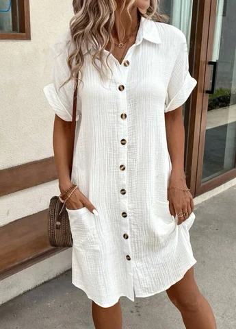 Белое кэжуал платье рубашка Fashion однотонное