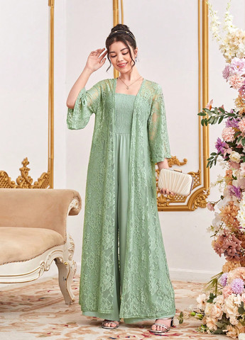 Фисташковый летний комплект (кардиган, комбинезон) SHEIN