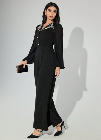 Комбінезон SHEIN комбінезон-брюки однотонний чорний кежуал, вечірній поліестер