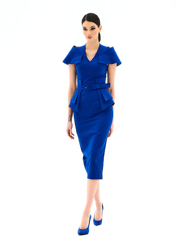 Синее кэжуал платье футляр, с баской BGL однотонное