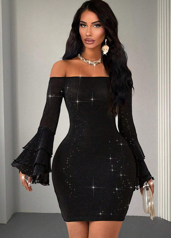 Черное вечернее платье с открытыми плечами SHEIN однотонное