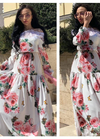 Белое женское длинное платье с кружевом и цветочным принтом р.42/46 359140 New Trend