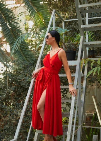 Червона вечірня сарафан на запах, з спідницею-сонце, а-силует FashionYouWant однотонна
