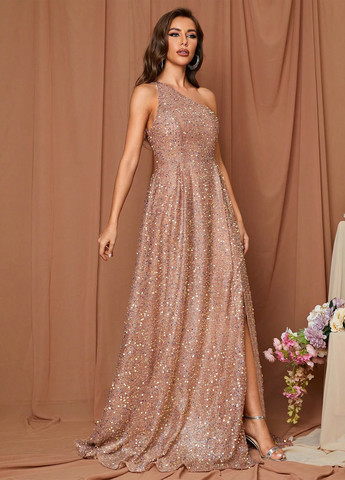 Кремовое вечернее платье на одно плечо, а-силуэт SHEIN однотонное