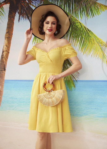 Желтое кэжуал платье клеш, с открытыми плечами SHEIN однотонное