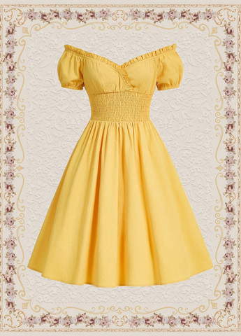 Желтое кэжуал платье клеш, с открытыми плечами SHEIN однотонное