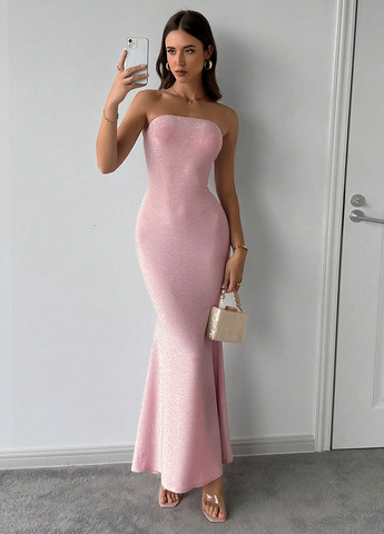 Светло-розовое праздничный, вечернее платье силуэтная, с открытыми плечами SHEIN однотонное