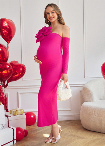 Фуксинова (кольору Фукія) кежуал сукня для вагітних на одне плече SHEIN однотонна