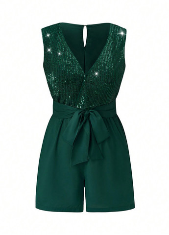 Комбинезон SHEIN комбинезон-шорты однотонный темно-зелёный праздничный полиэстер