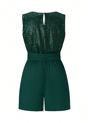Комбинезон SHEIN комбинезон-шорты однотонный темно-зелёный праздничный полиэстер