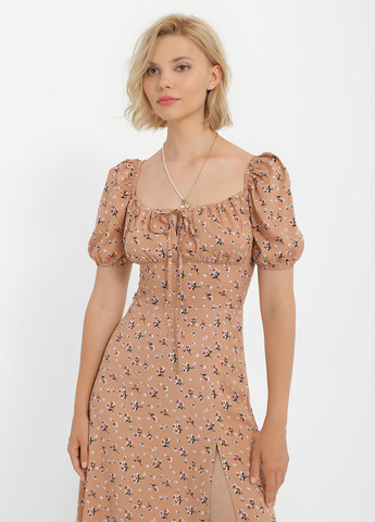 Темно-бежевое кэжуал платье в стиле ампир Braska с цветочным принтом