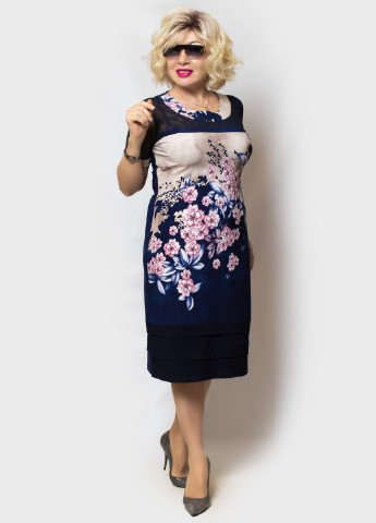 Темно-синее деловое платье футляр LibeAmore с цветочным принтом