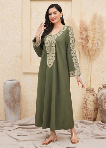 Оливковое (хаки) кэжуал, праздничный платье SHEIN однотонное