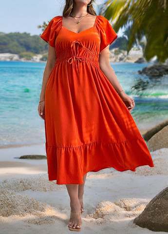 Оранжевое кэжуал платье а-силуэт SHEIN однотонное