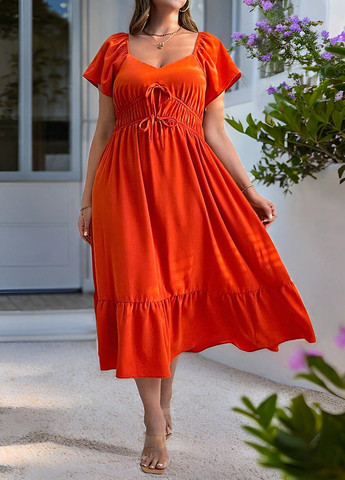 Оранжевое кэжуал платье а-силуэт SHEIN однотонное