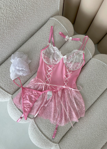 Рожевий демісезонний комплект (пеньюар, трусики, чокер, панчохи) NOVA VEGA