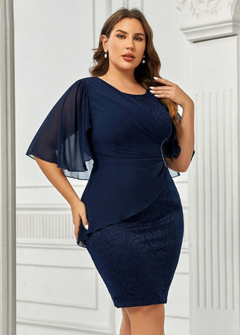 Темно-синя коктейльна сукня сукня-кейп, футляр SHEIN однотонна