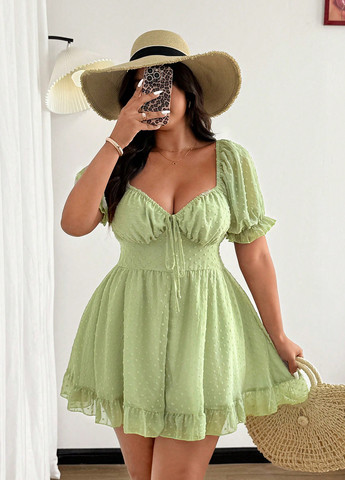 Комбинезон SHEIN комбинезон-шорты однотонный салатовый кэжуал полиэстер, шифон