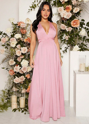 Світло-рожева вечірня плаття для вагітних кльош, з відкритими плечима, з відкритою спиною SHEIN однотонна