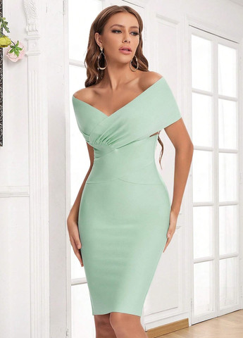 Мятное вечернее, праздничный платье бандажное, с открытыми плечами SHEIN однотонное