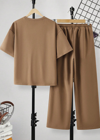 Світло-коричневий літній костюм (футболка, штани) брючний SHEIN