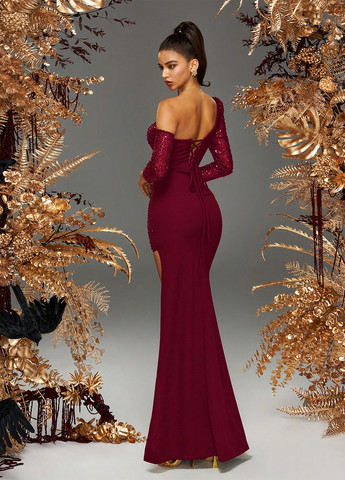 Бордовое праздничный, вечернее платье на одно плечо SHEIN однотонное